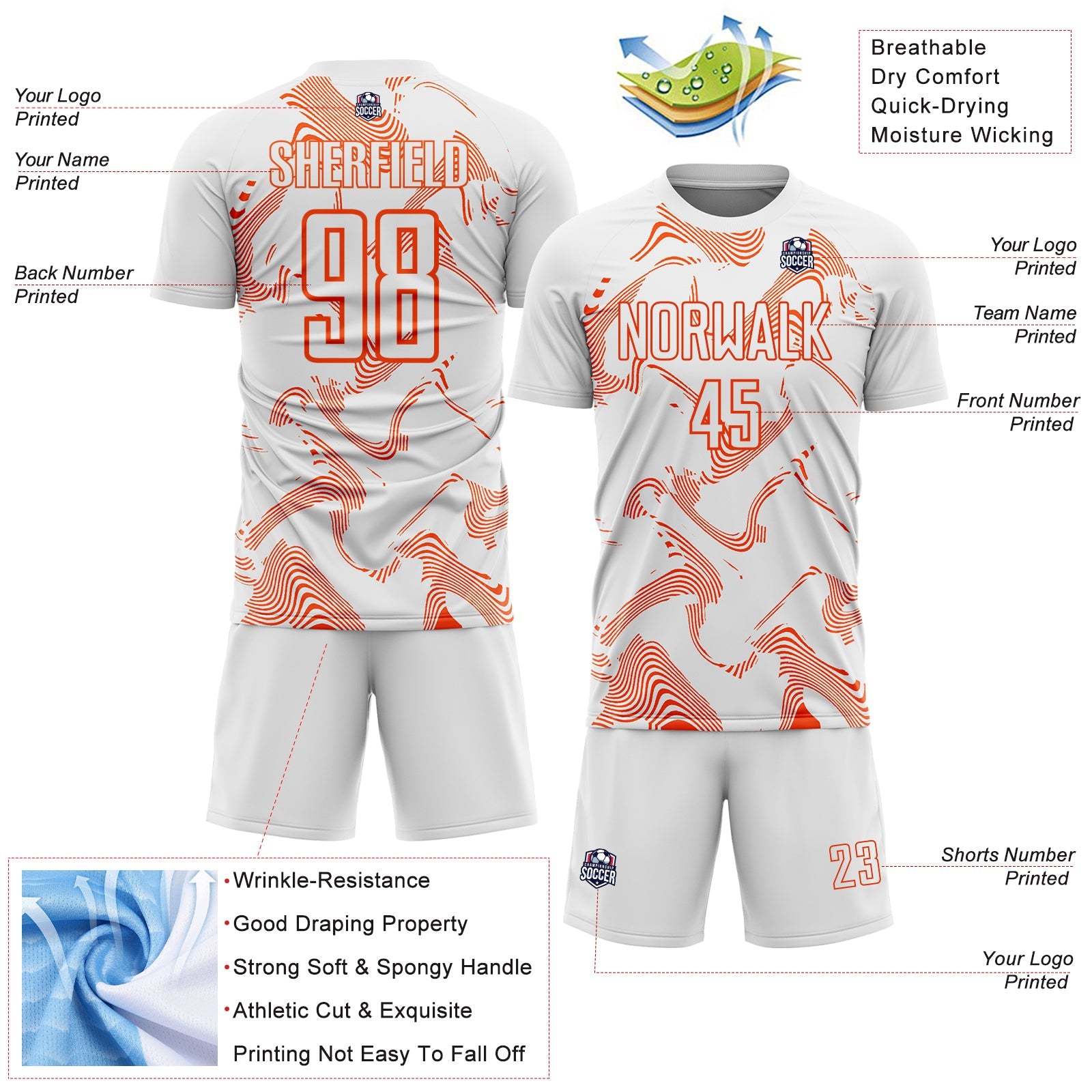 Custom White Orange Curve Lines Sports Sublimation Soccer Uniform Jersey view 4