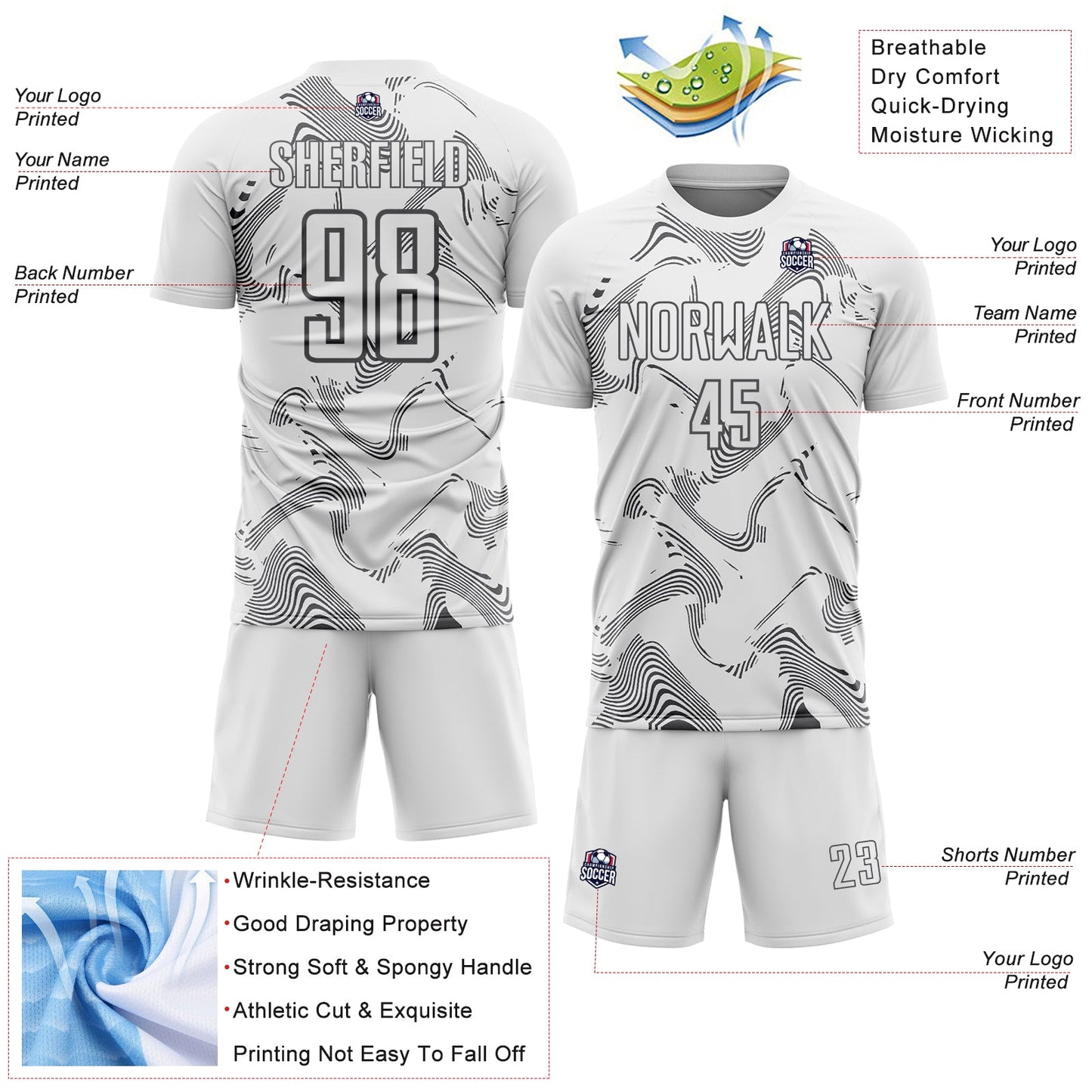 Custom White Steel Gray Curve Lines Sports Sublimation Soccer Uniform Jersey view 4