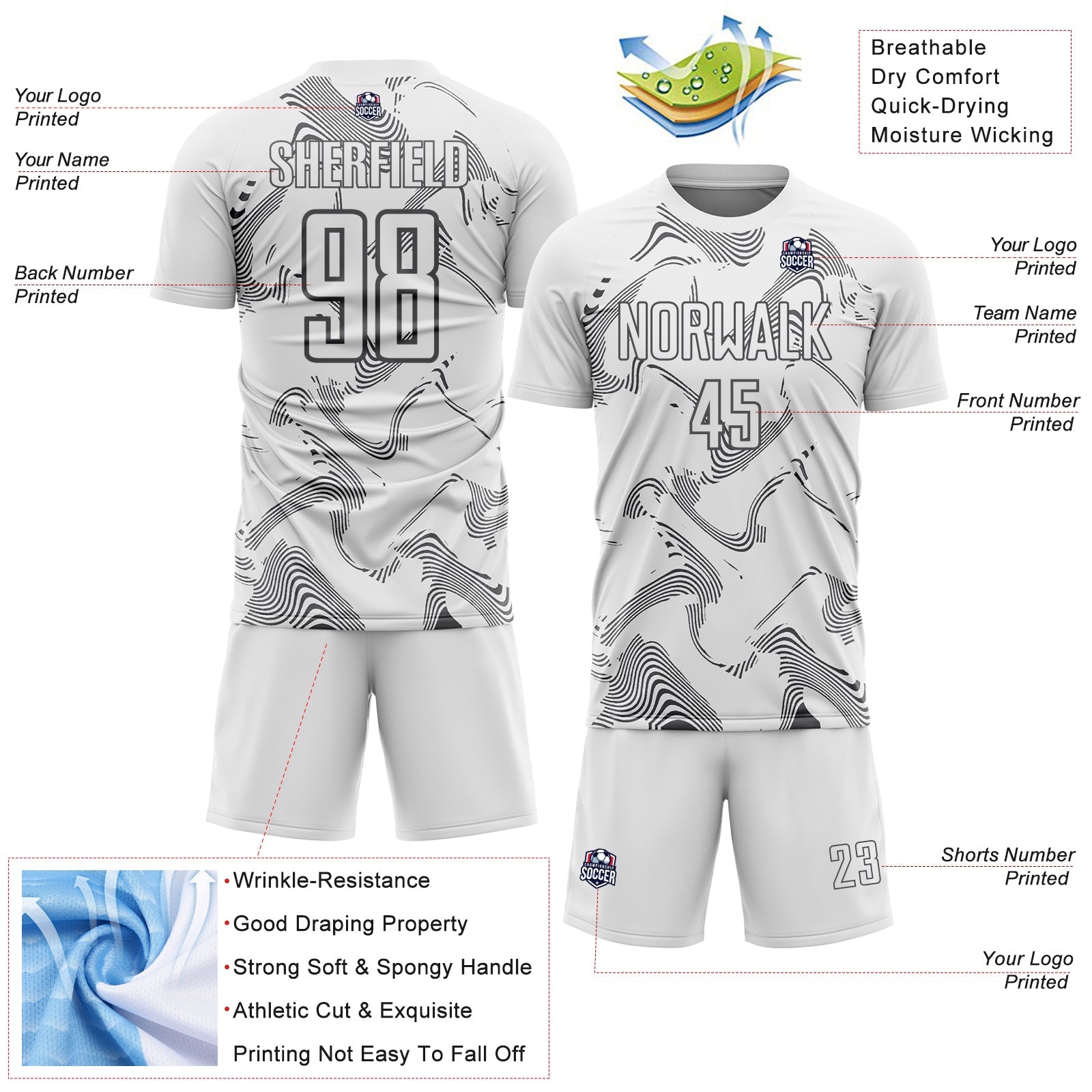Custom White Steel Gray Curve Lines Sports Sublimation Soccer Uniform Jersey view 4