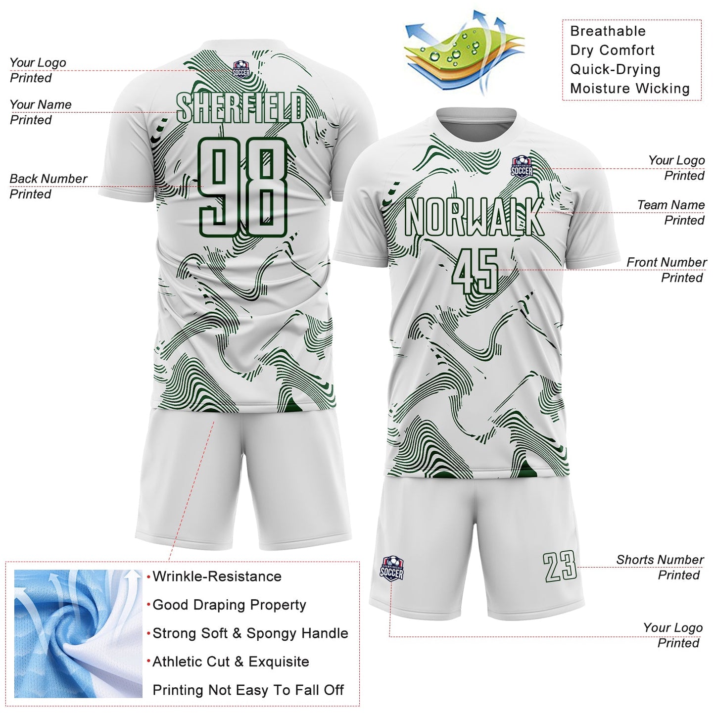 Custom White Green Curve Lines Sports Sublimation Soccer Uniform Jersey view 4