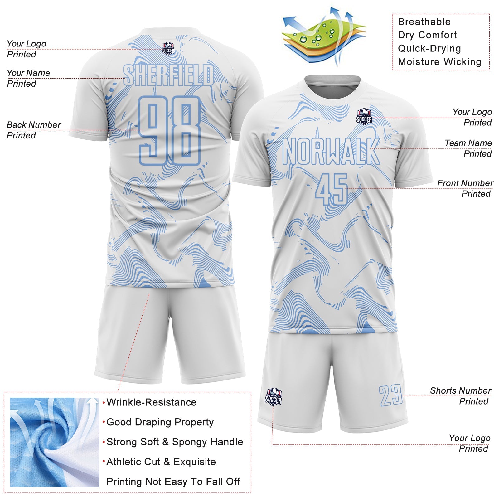 Custom White Light Blue Curve Lines Sports Sublimation Soccer Uniform Jersey view 4