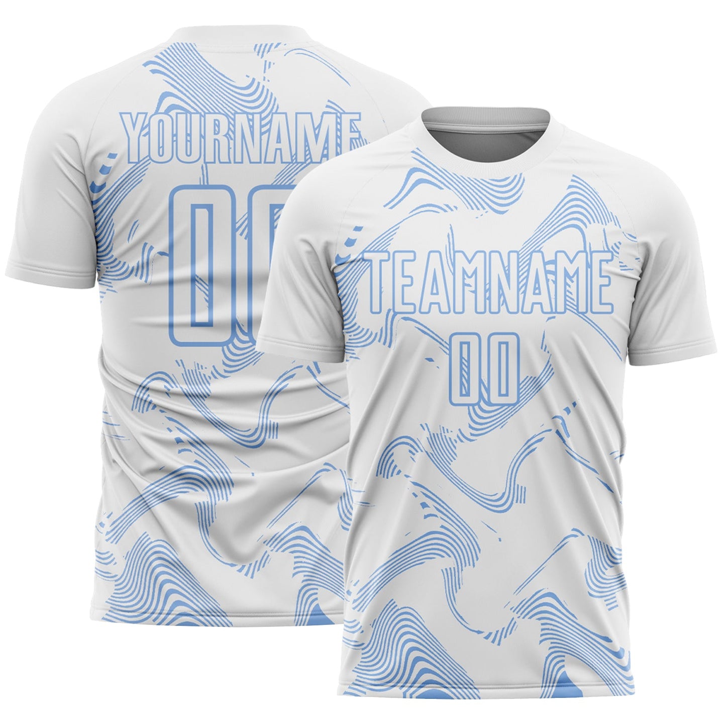 Custom White Light Blue Curve Lines Sports Sublimation Soccer Uniform Jersey - Main View