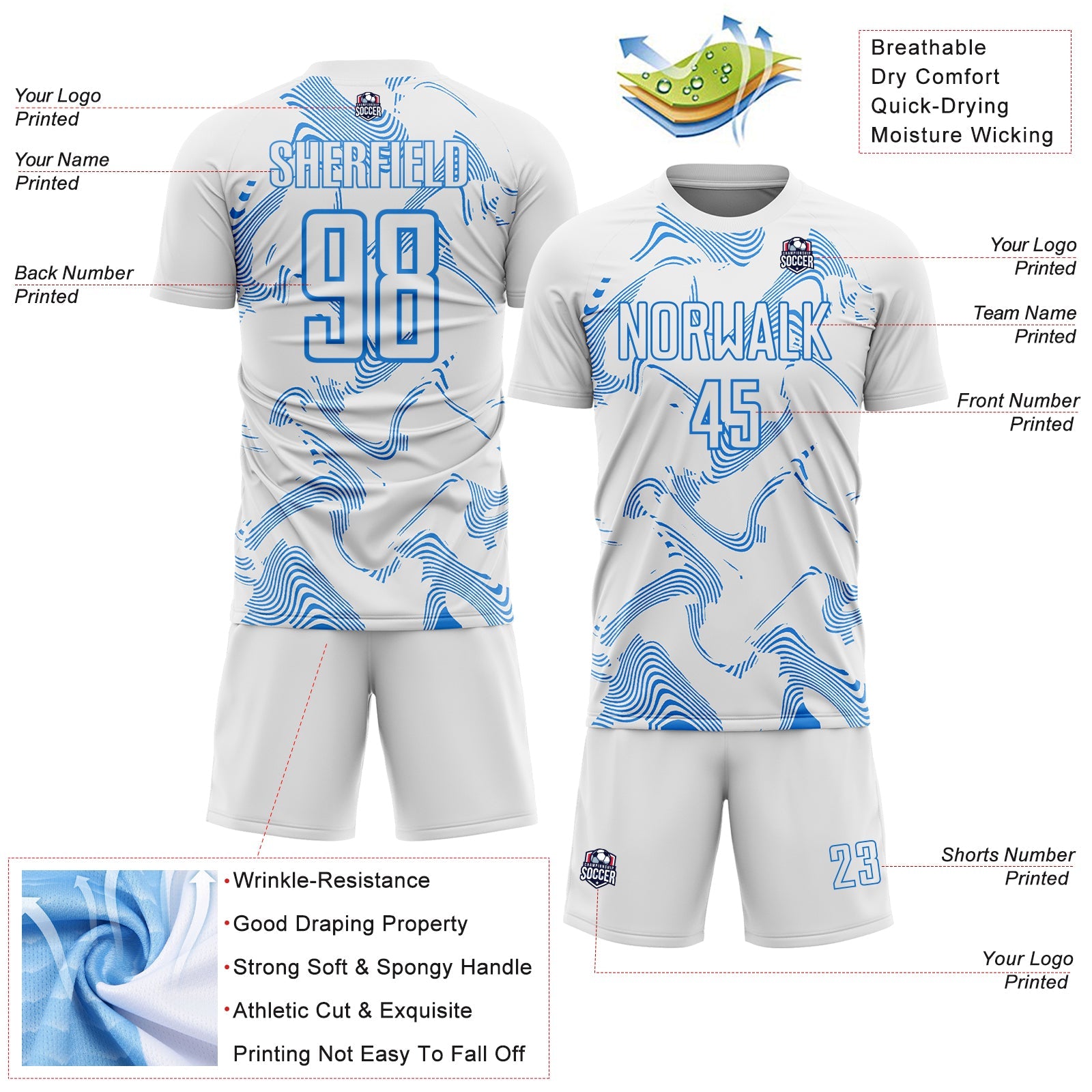 Custom White Powder Blue Curve Lines Sports Sublimation Soccer Uniform Jersey view 4