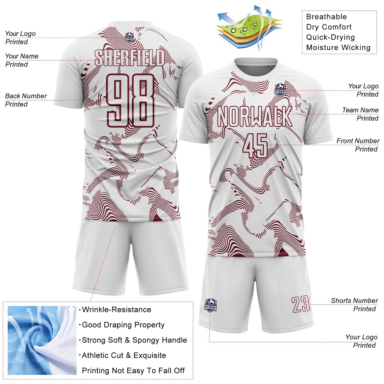Custom White Burgundy Curve Lines Sports Sublimation Soccer Uniform Jersey view 4