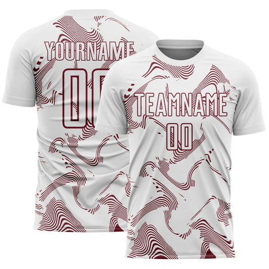 Custom White Burgundy Curve Lines Sports Sublimation Soccer Uniform Jersey - Main View