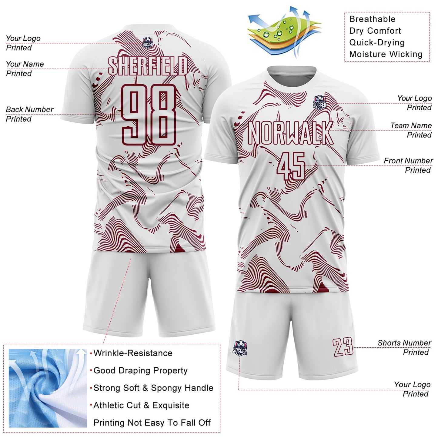 Custom White Crimson Curve Lines Sports Sublimation Soccer Uniform Jersey view 4