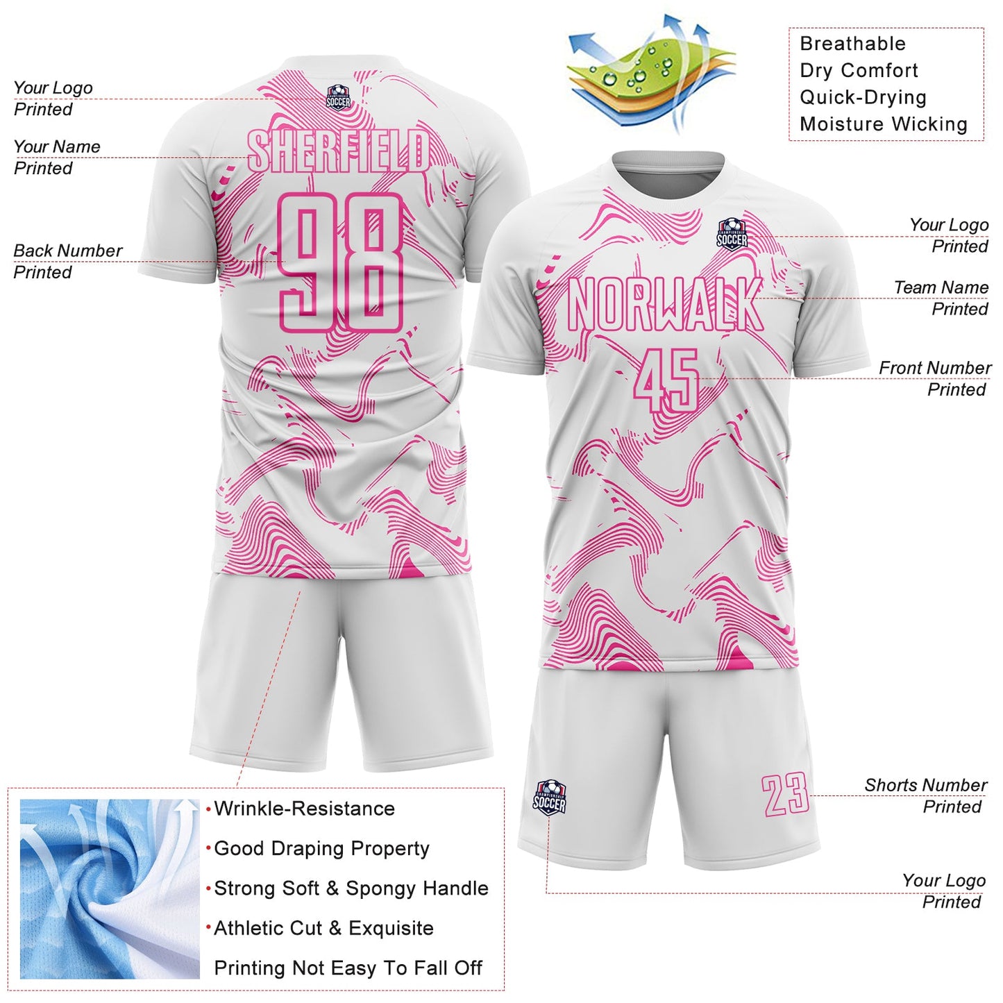 Custom White Pink Curve Lines Sports Sublimation Soccer Uniform Jersey view 4