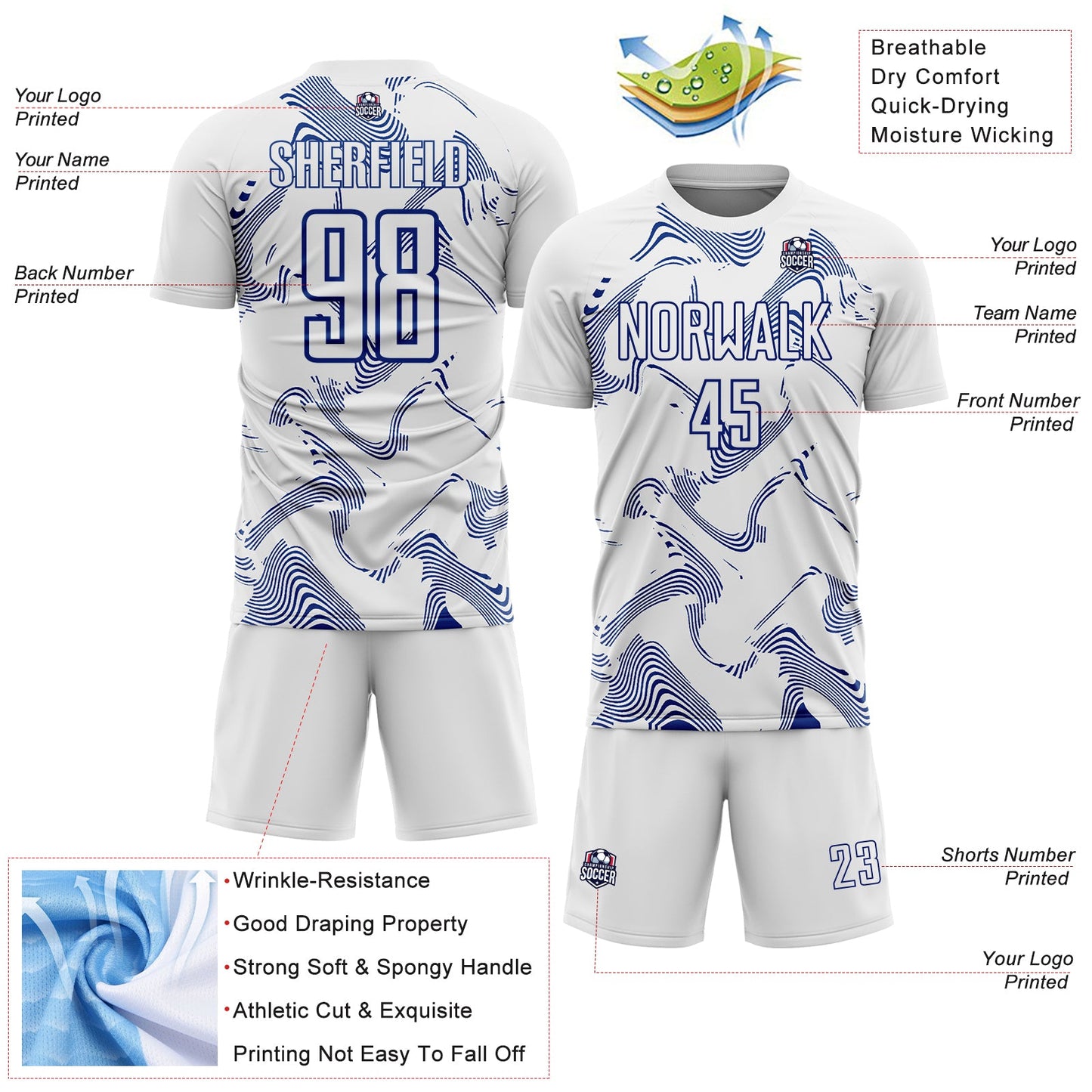 Custom White Royal Curve Lines Sports Sublimation Soccer Uniform Jersey view 4