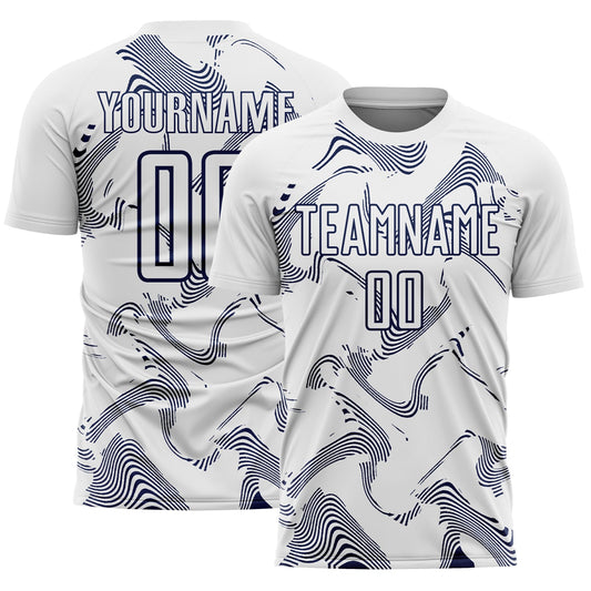 Custom White Navy Curve Lines Sports Sublimation Soccer Uniform Jersey - Main View