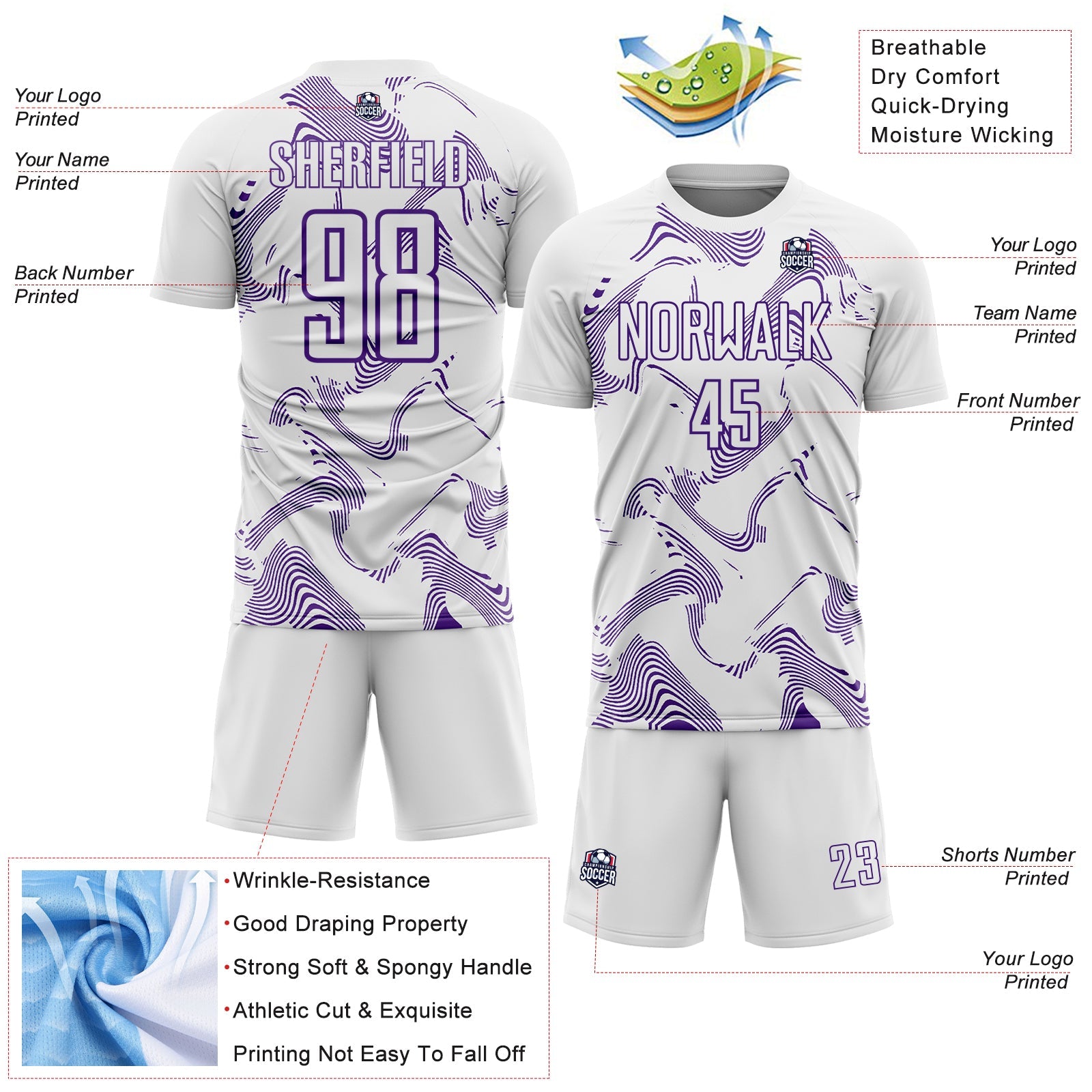 Custom White Purple Curve Lines Sports Sublimation Soccer Uniform Jersey view 4