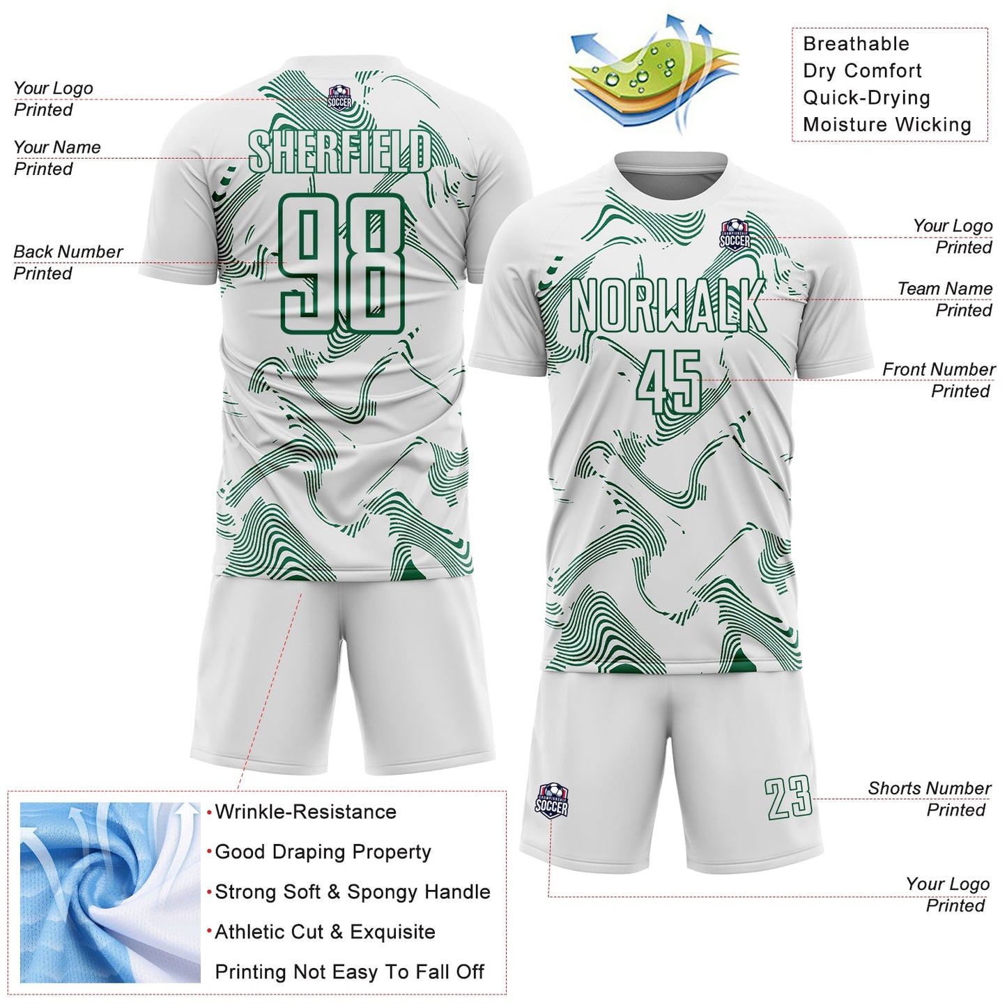 Custom White Kelly Green Curve Lines Sports Sublimation Soccer Uniform Jersey view 4
