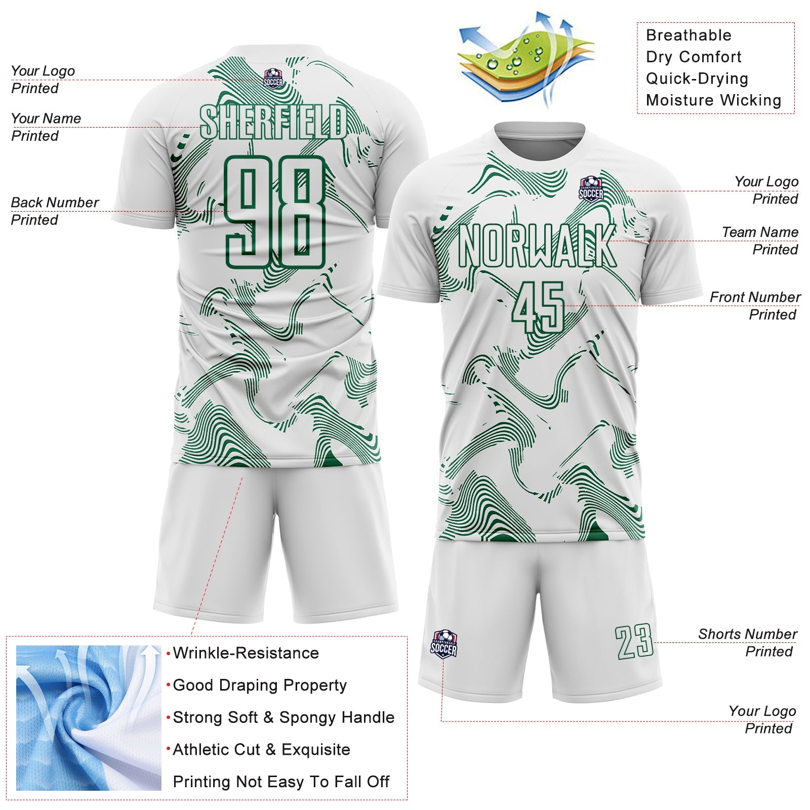 Custom White Kelly Green Curve Lines Sports Sublimation Soccer Uniform Jersey view 4