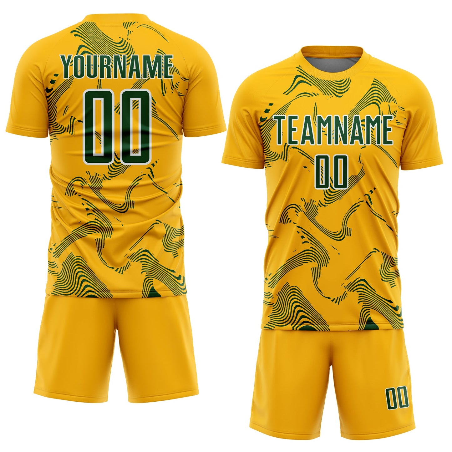 Custom Gold Green-White Curve Lines Sports Sublimation Soccer Uniform Jersey view 2