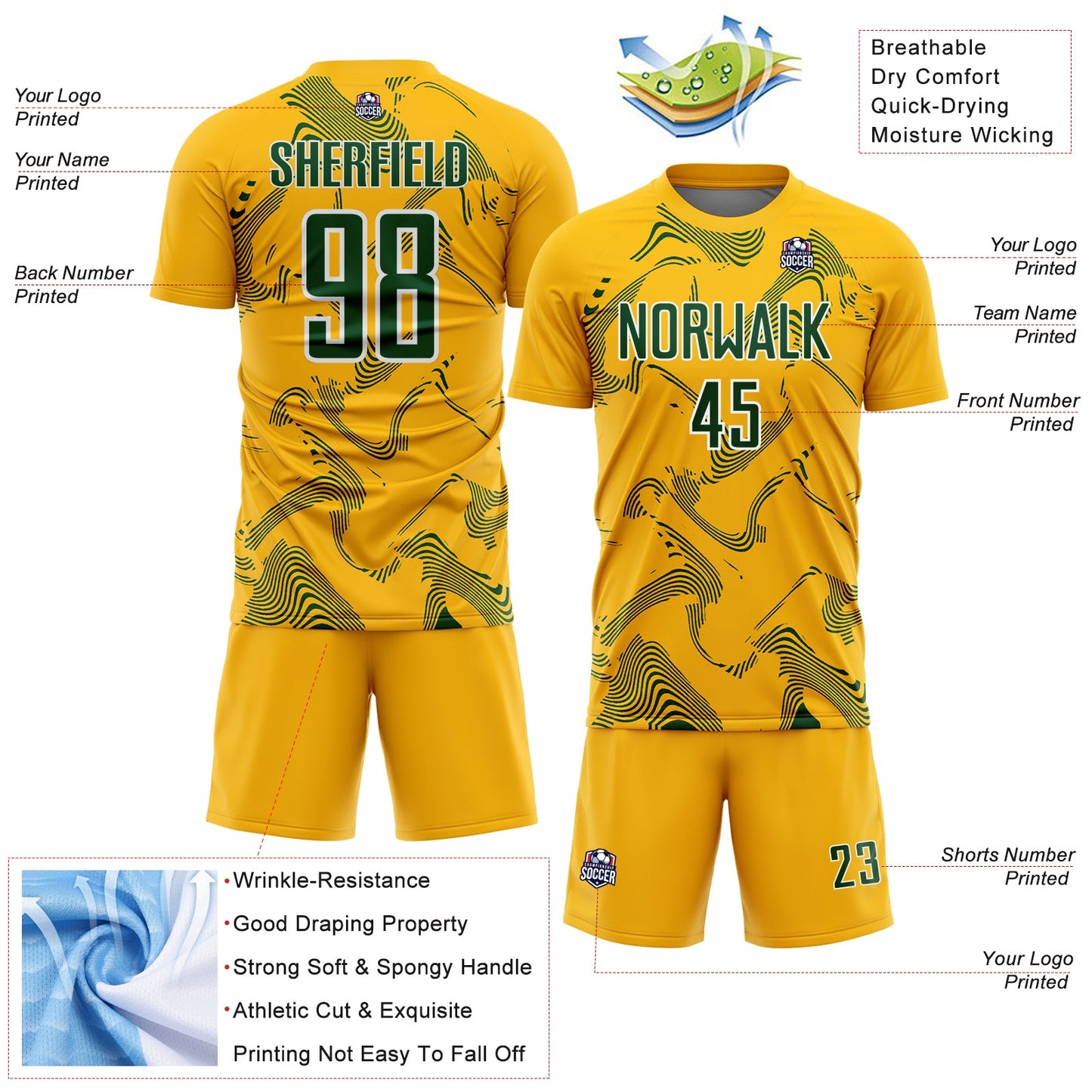 Custom Gold Green-White Curve Lines Sports Sublimation Soccer Uniform Jersey view 4