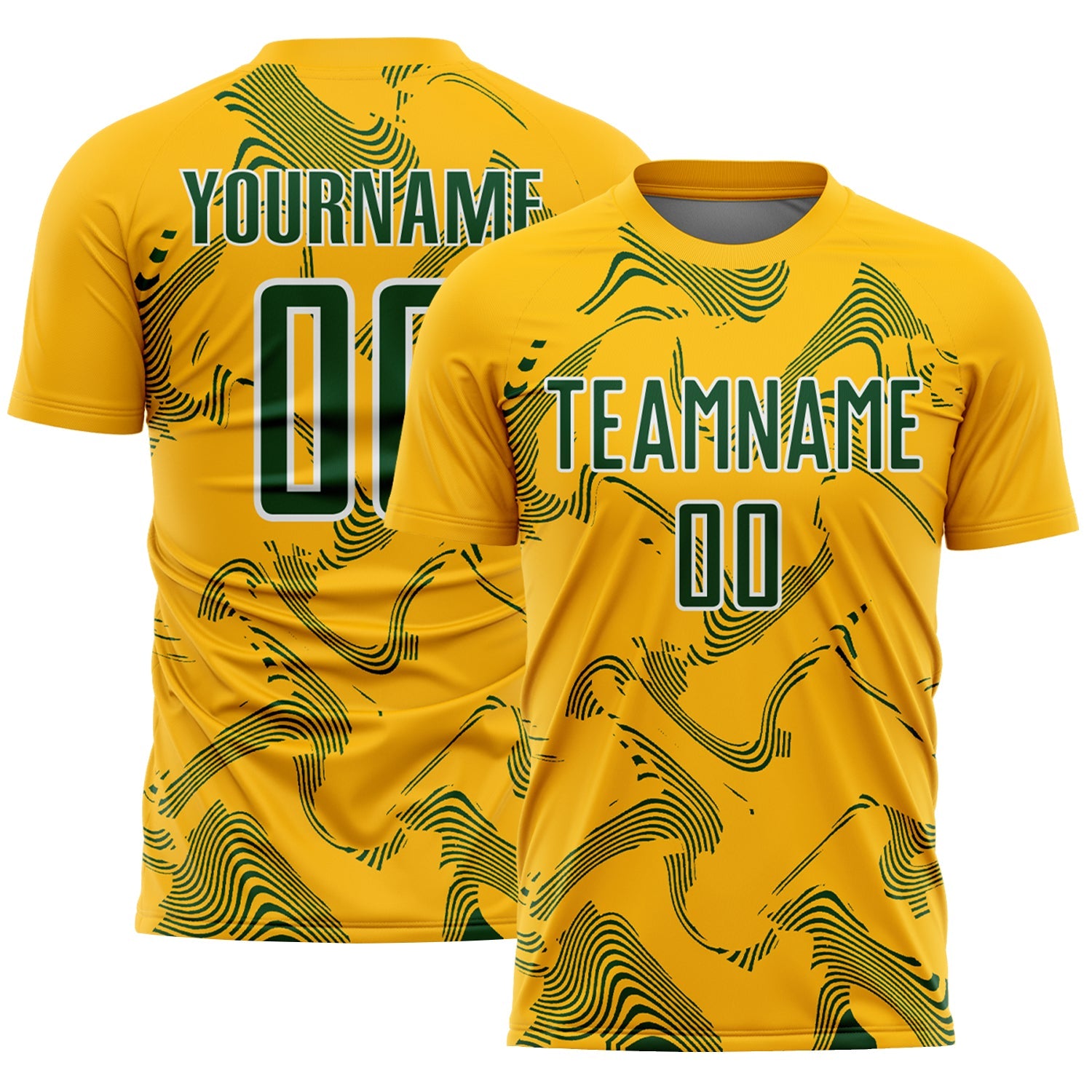 Custom Gold Green-White Curve Lines Sports Sublimation Soccer Uniform Jersey - Main View