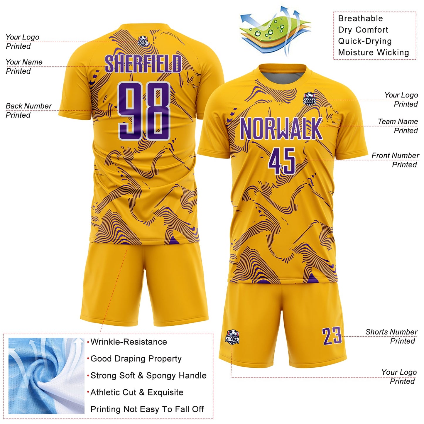 Custom Gold Purple-White Curve Lines Sports Sublimation Soccer Uniform Jersey view 4