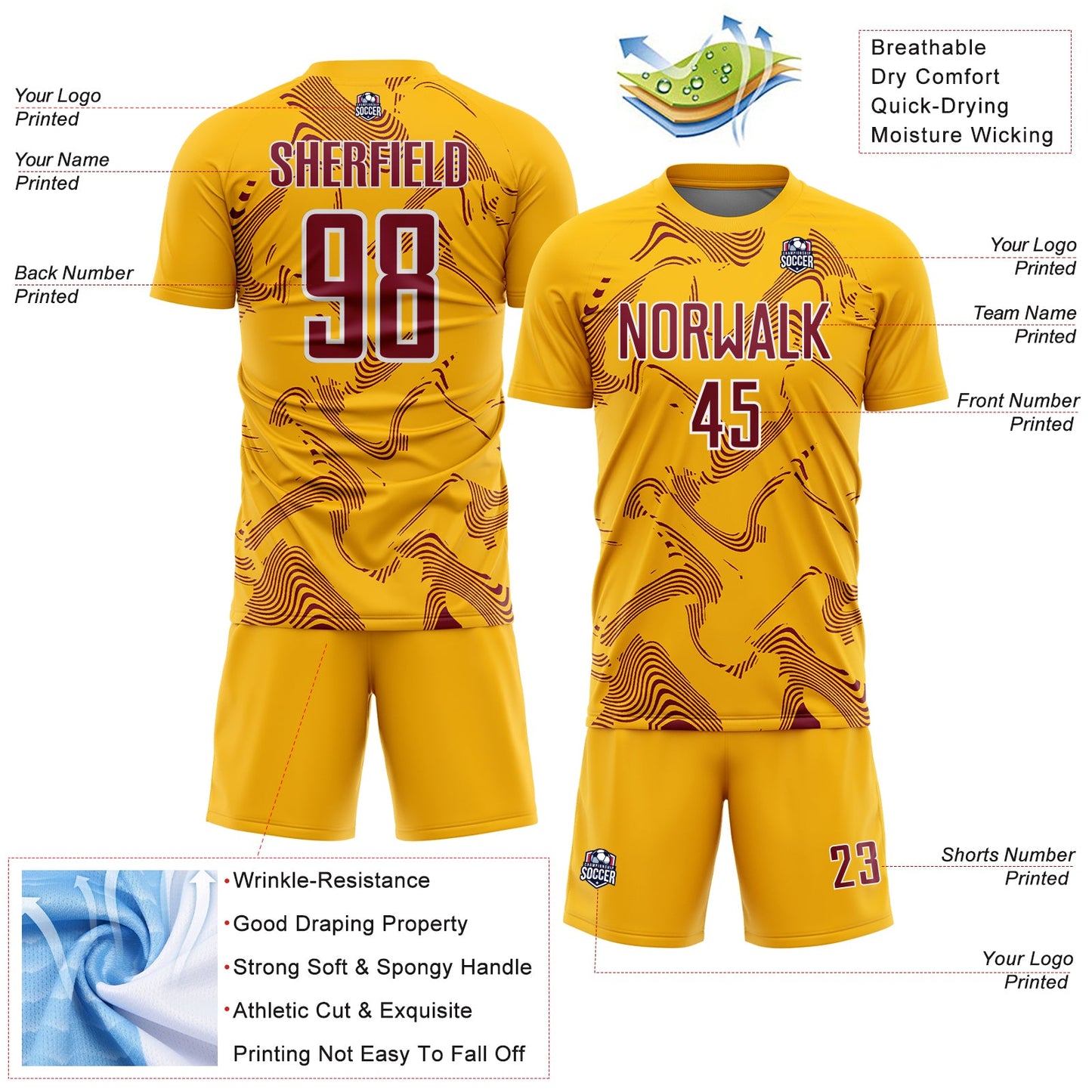 Custom Gold Crimson-White Curve Lines Sports Sublimation Soccer Uniform Jersey view 4