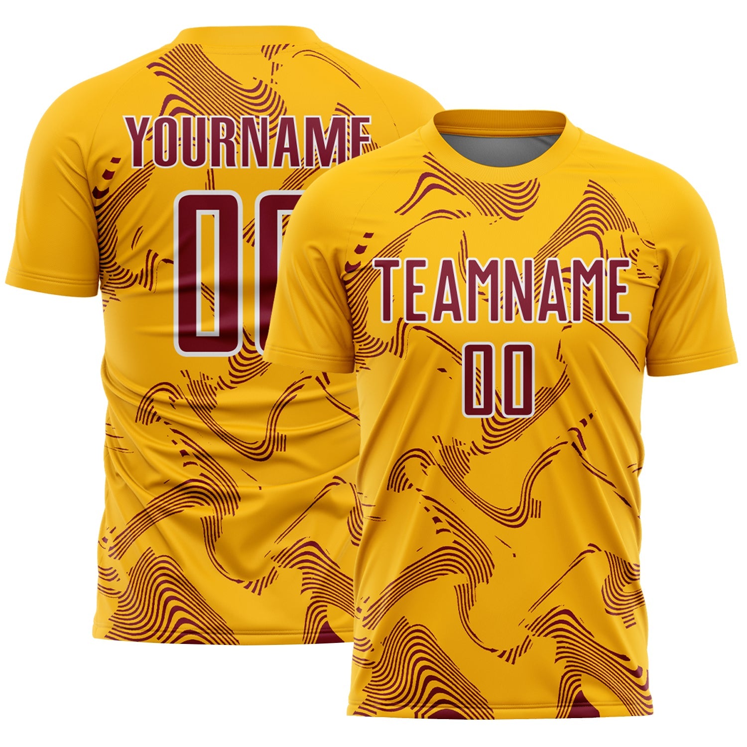 Custom Gold Crimson-White Curve Lines Sports Sublimation Soccer Uniform Jersey - Main View