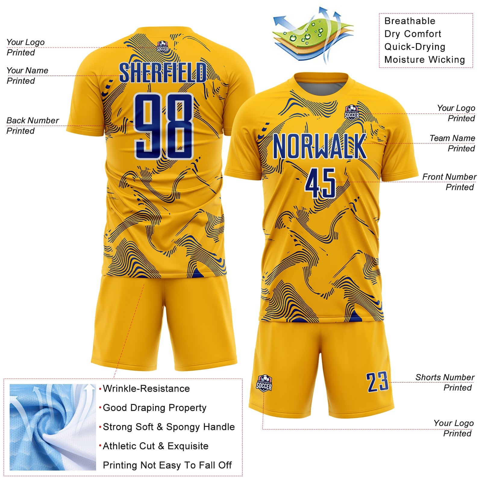 Custom Gold Royal-White Curve Lines Sports Sublimation Soccer Uniform Jersey view 4