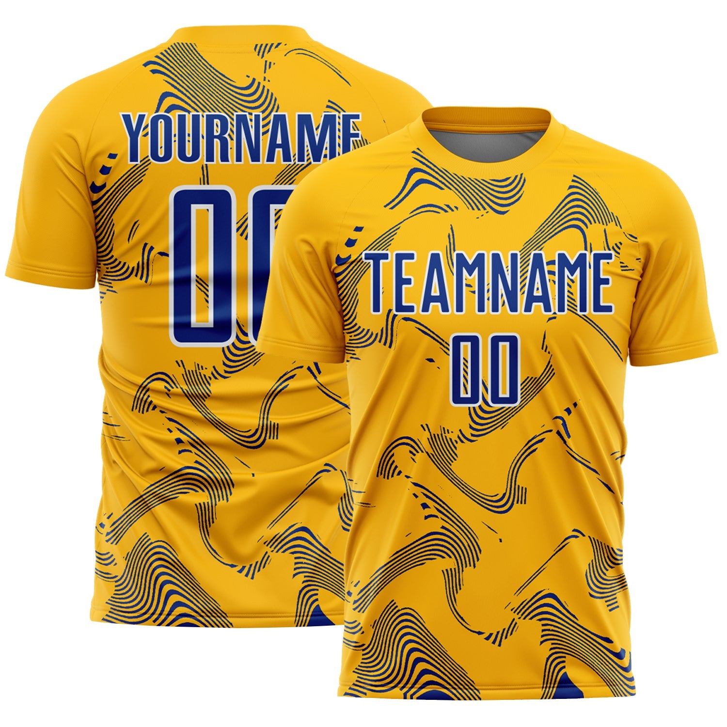 Custom Gold Royal-White Curve Lines Sports Sublimation Soccer Uniform Jersey - Main View