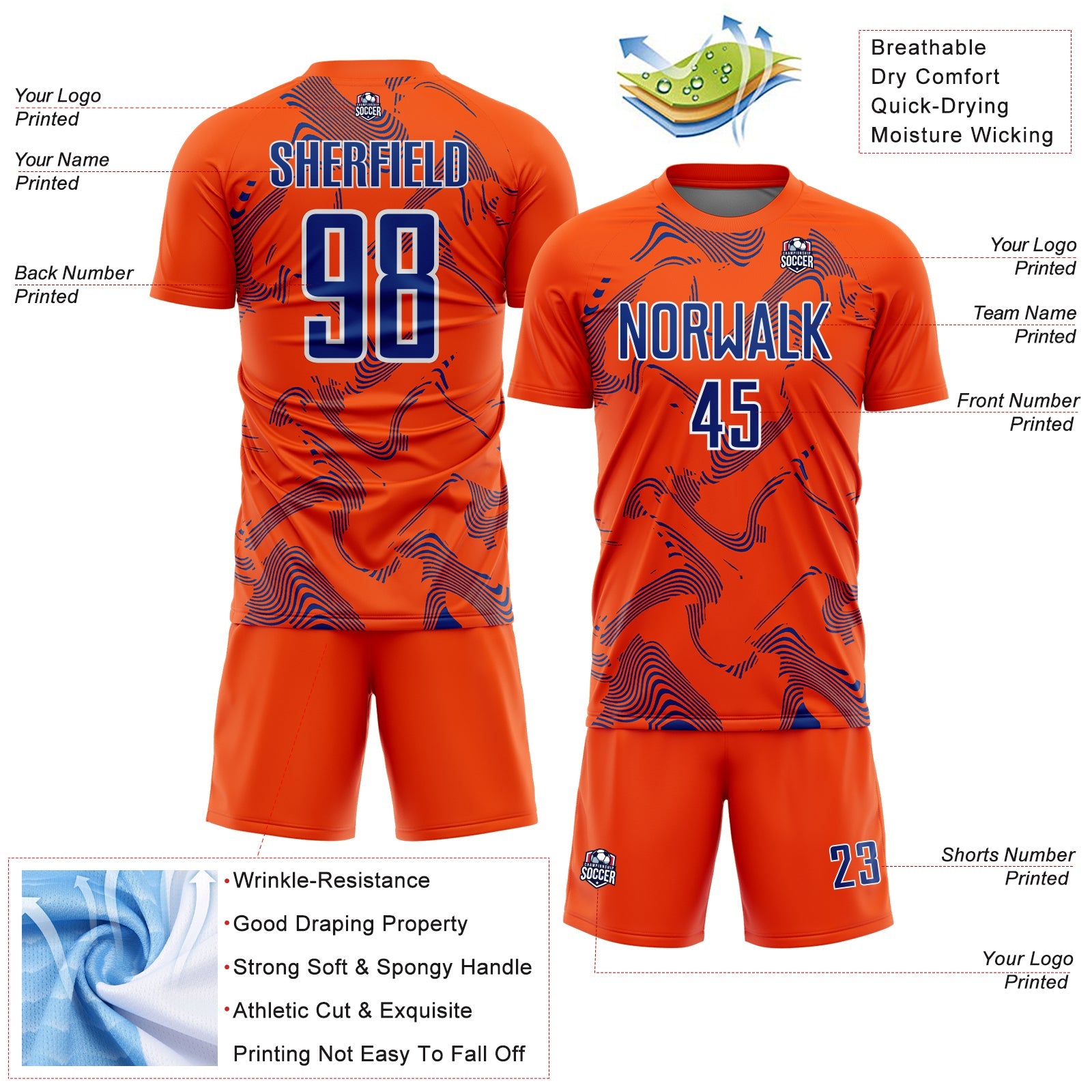 Custom Orange Royal-White Curve Lines Sports Sublimation Soccer Uniform Jersey view 4