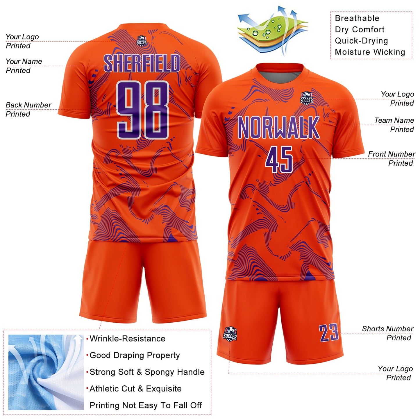 Custom Orange Purple-White Curve Lines Sports Sublimation Soccer Uniform Jersey view 4