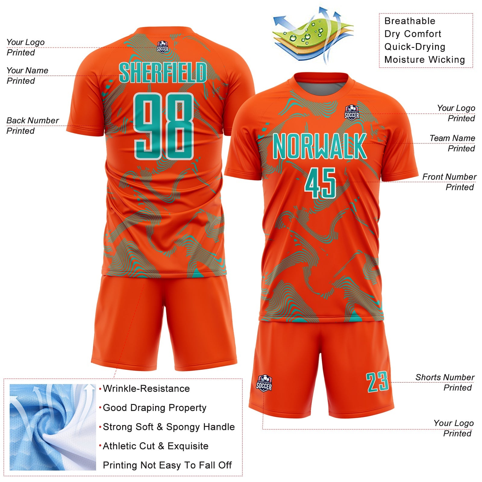Custom Orange Aqua-White Curve Lines Sports Sublimation Soccer Uniform Jersey view 4