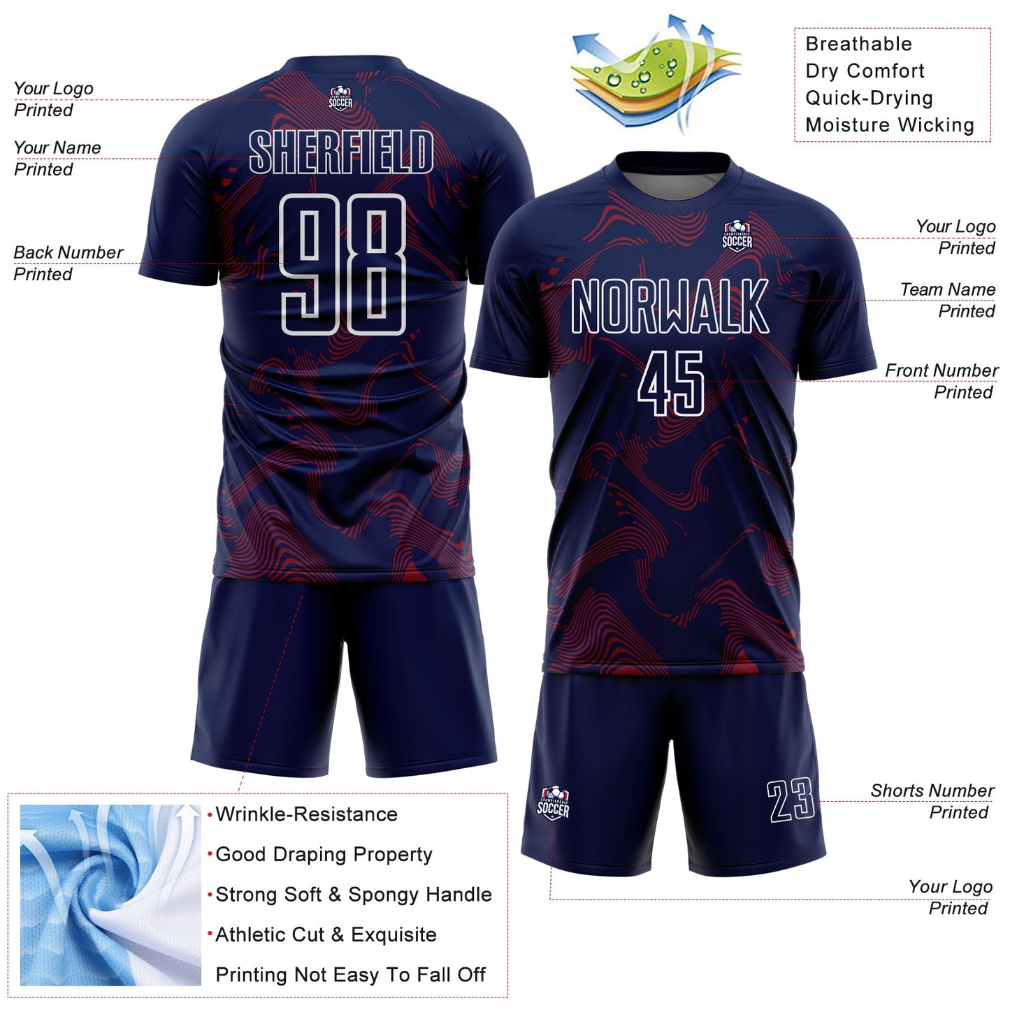Custom Navy Crimson-White Curve Lines Sports Sublimation Soccer Uniform Jersey view 4