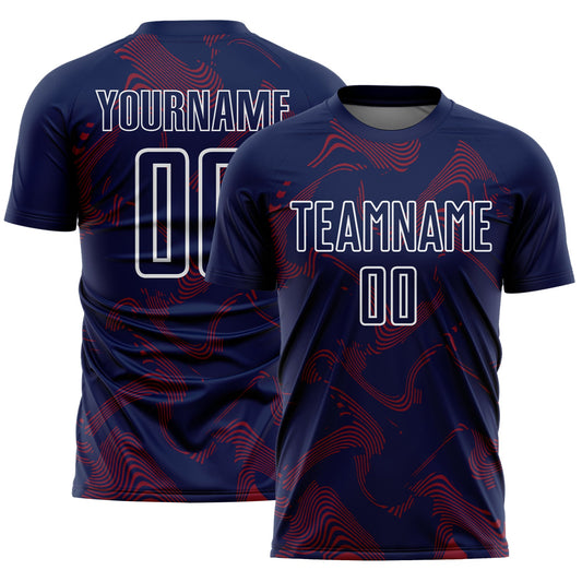 Custom Navy Crimson-White Curve Lines Sports Sublimation Soccer Uniform Jersey - Main View