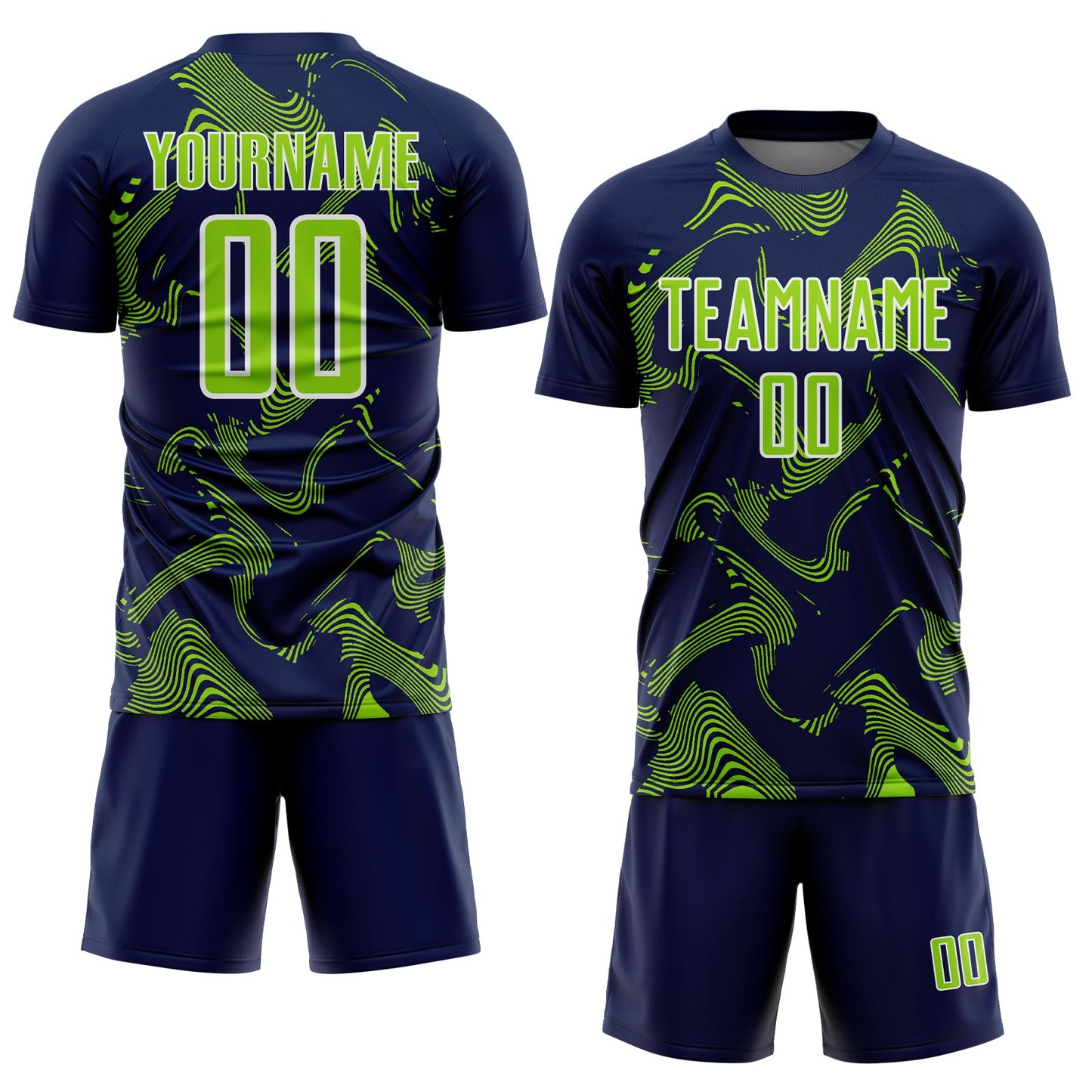 Custom Navy Neon Green-White Curve Lines Sports Sublimation Soccer Uniform Jersey view 2