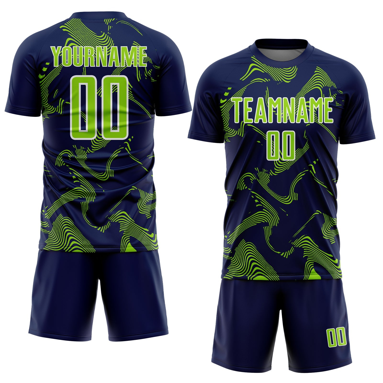 Custom Navy Neon Green-White Curve Lines Sports Sublimation Soccer Uniform Jersey view 2