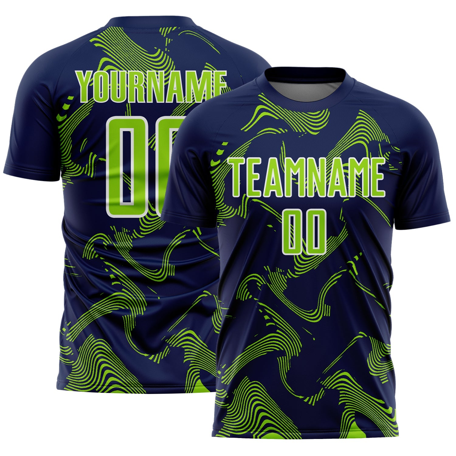 Custom Navy Neon Green-White Curve Lines Sports Sublimation Soccer Uniform Jersey - Main View