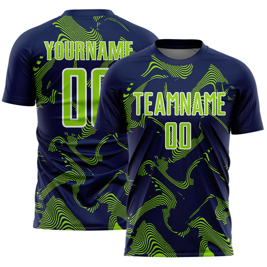 Custom Navy Neon Green-White Curve Lines Sports Sublimation Soccer Uniform Jersey - Main View