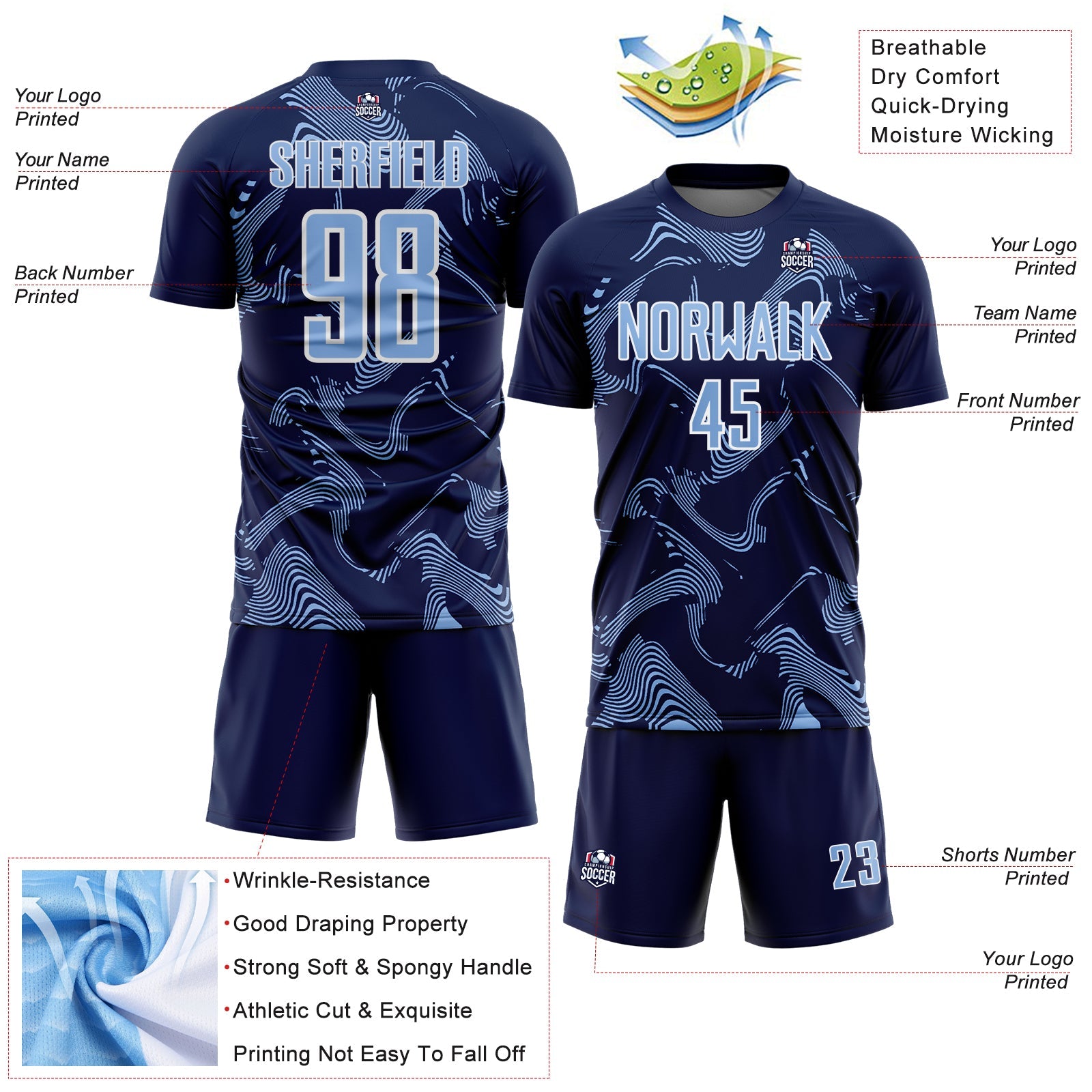Custom Navy Light Blue-White Curve Lines Sports Sublimation Soccer Uniform Jersey view 4