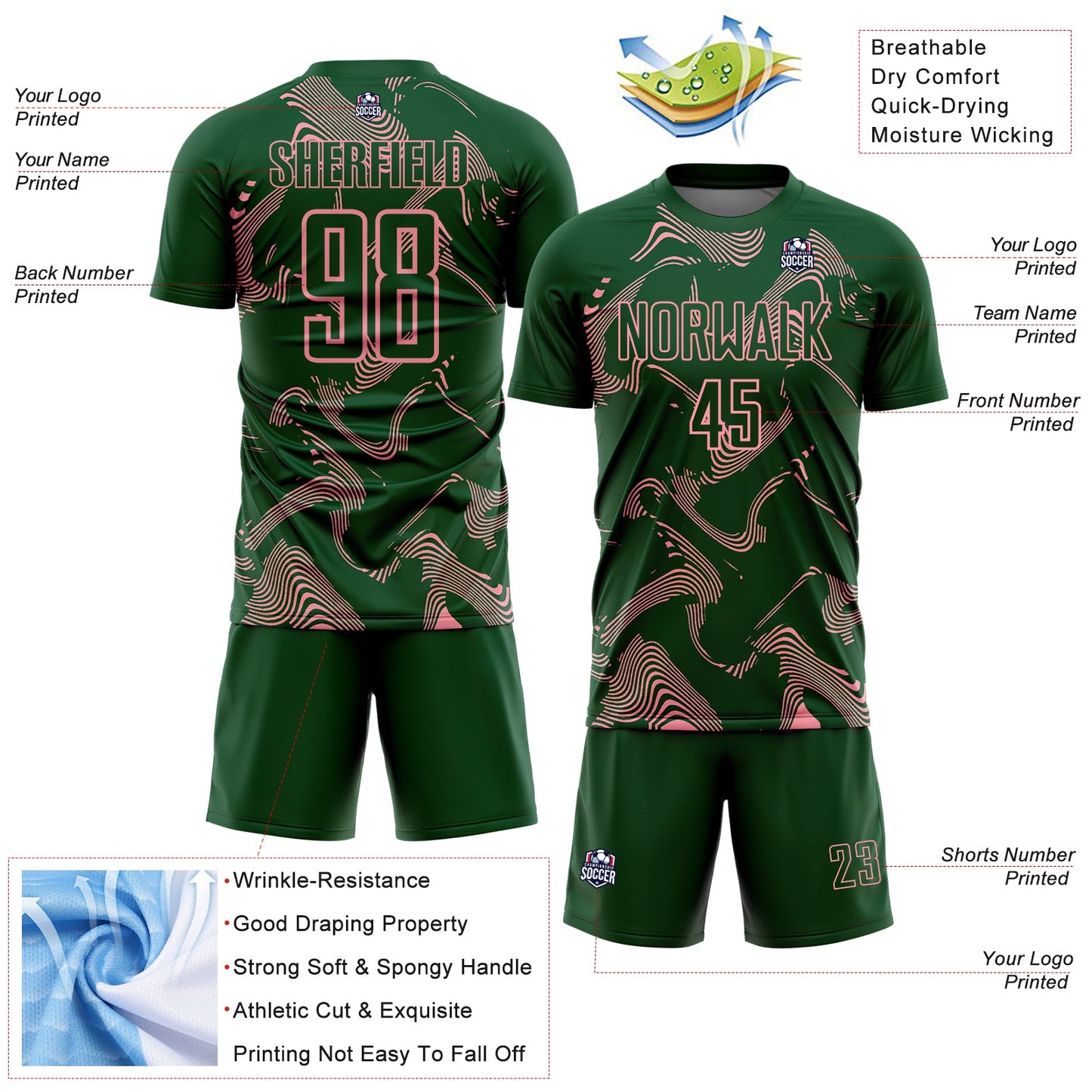 Custom Green Medium Pink Curve Lines Sports Sublimation Soccer Uniform Jersey view 4