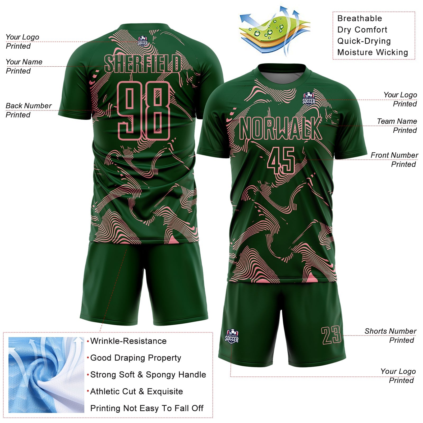 Custom Green Medium Pink Curve Lines Sports Sublimation Soccer Uniform Jersey view 4