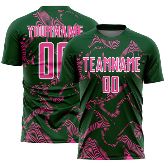 Custom Green Pink-White Curve Lines Sports Sublimation Soccer Uniform Jersey - Main View