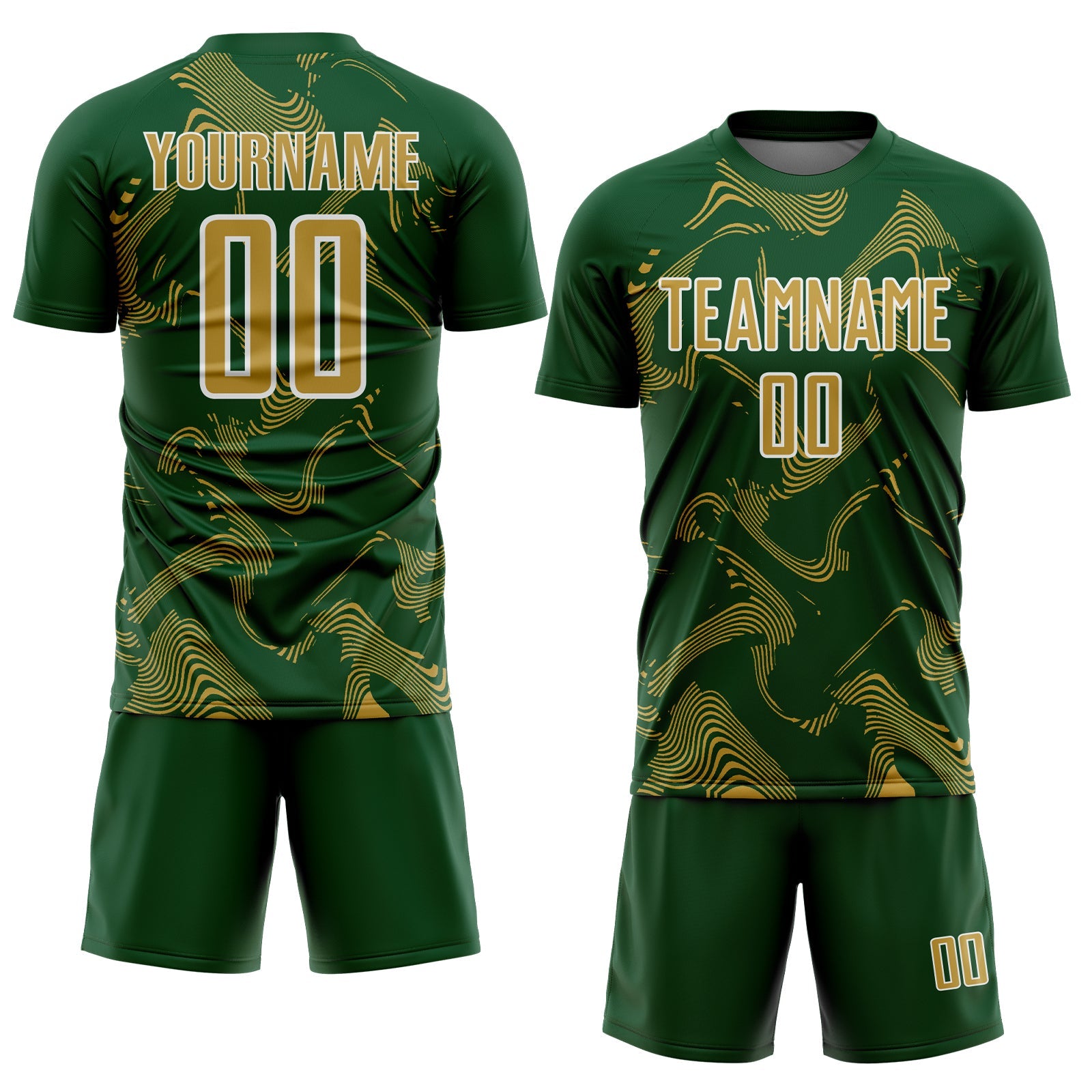 Custom Green Old Gold-White Curve Lines Sports Sublimation Soccer Uniform Jersey view 2