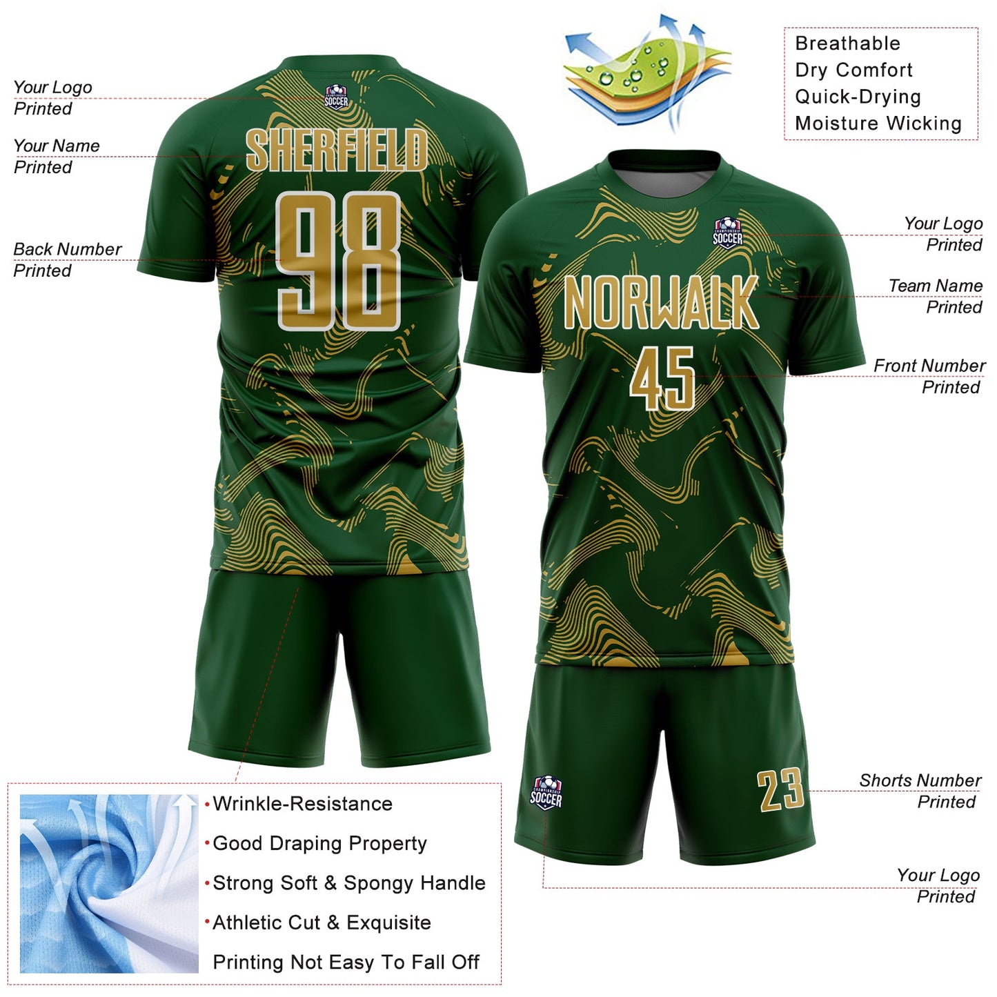Custom Green Old Gold-White Curve Lines Sports Sublimation Soccer Uniform Jersey view 4