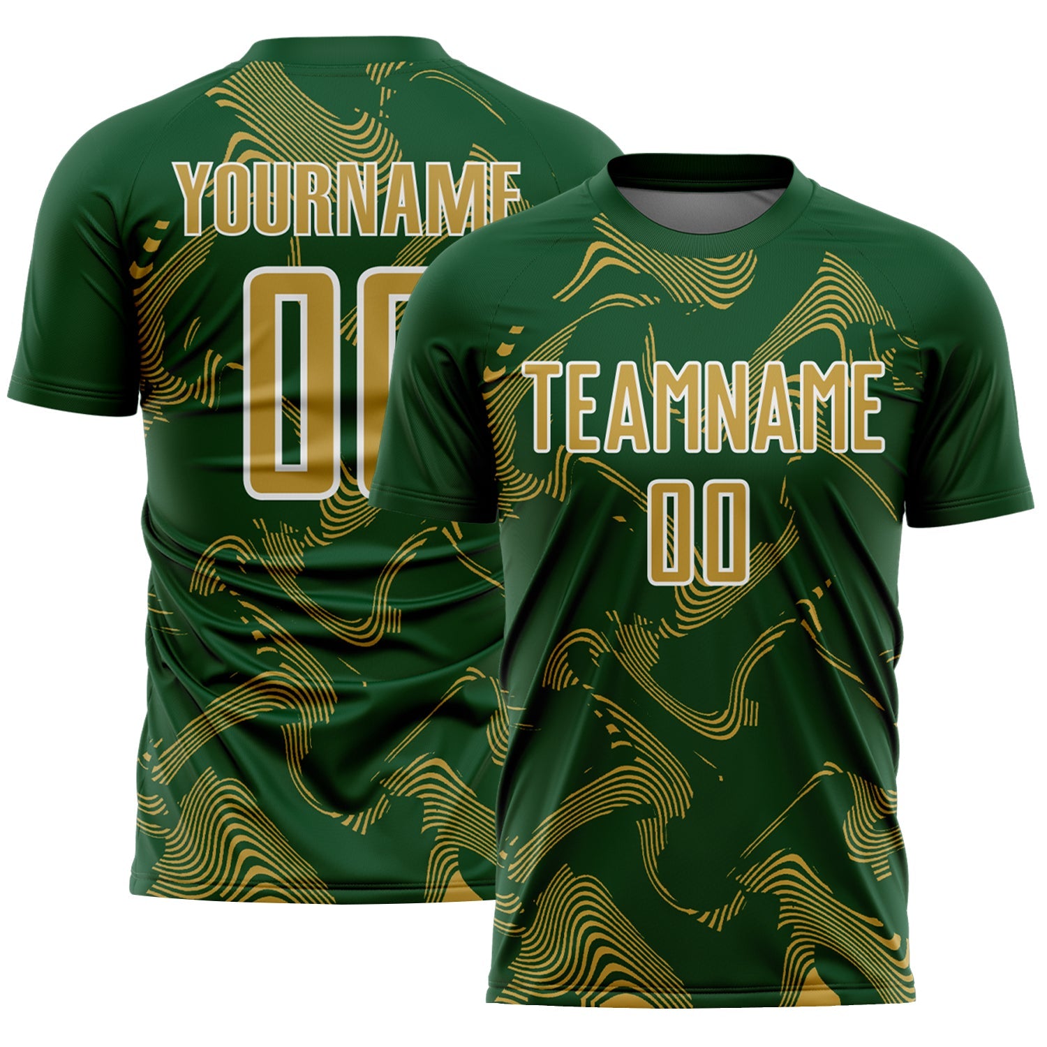 Custom Green Old Gold-White Curve Lines Sports Sublimation Soccer Uniform Jersey - Main View