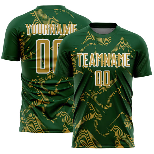 Custom Green Old Gold-White Curve Lines Sports Sublimation Soccer Uniform Jersey - Main View