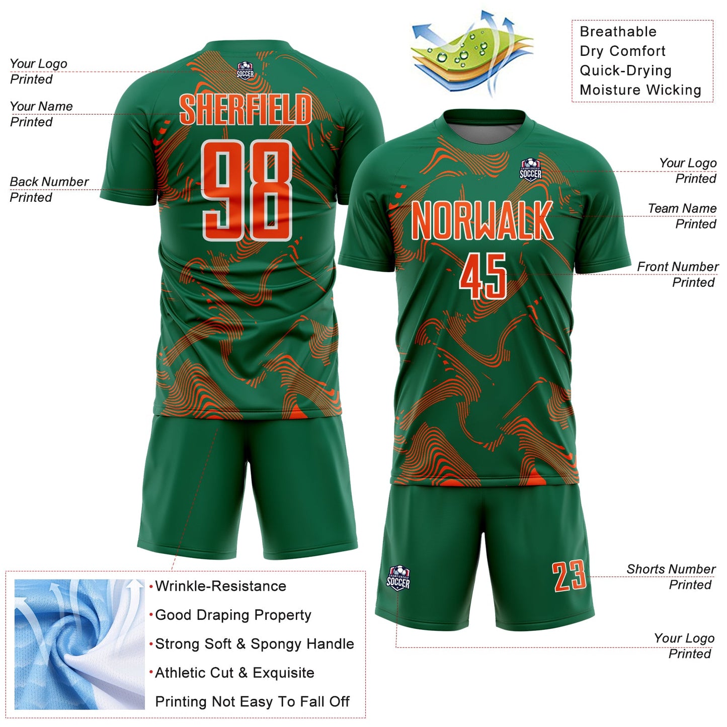 Custom Kelly Green Orange-White Curve Lines Sports Sublimation Soccer Uniform Jersey view 4