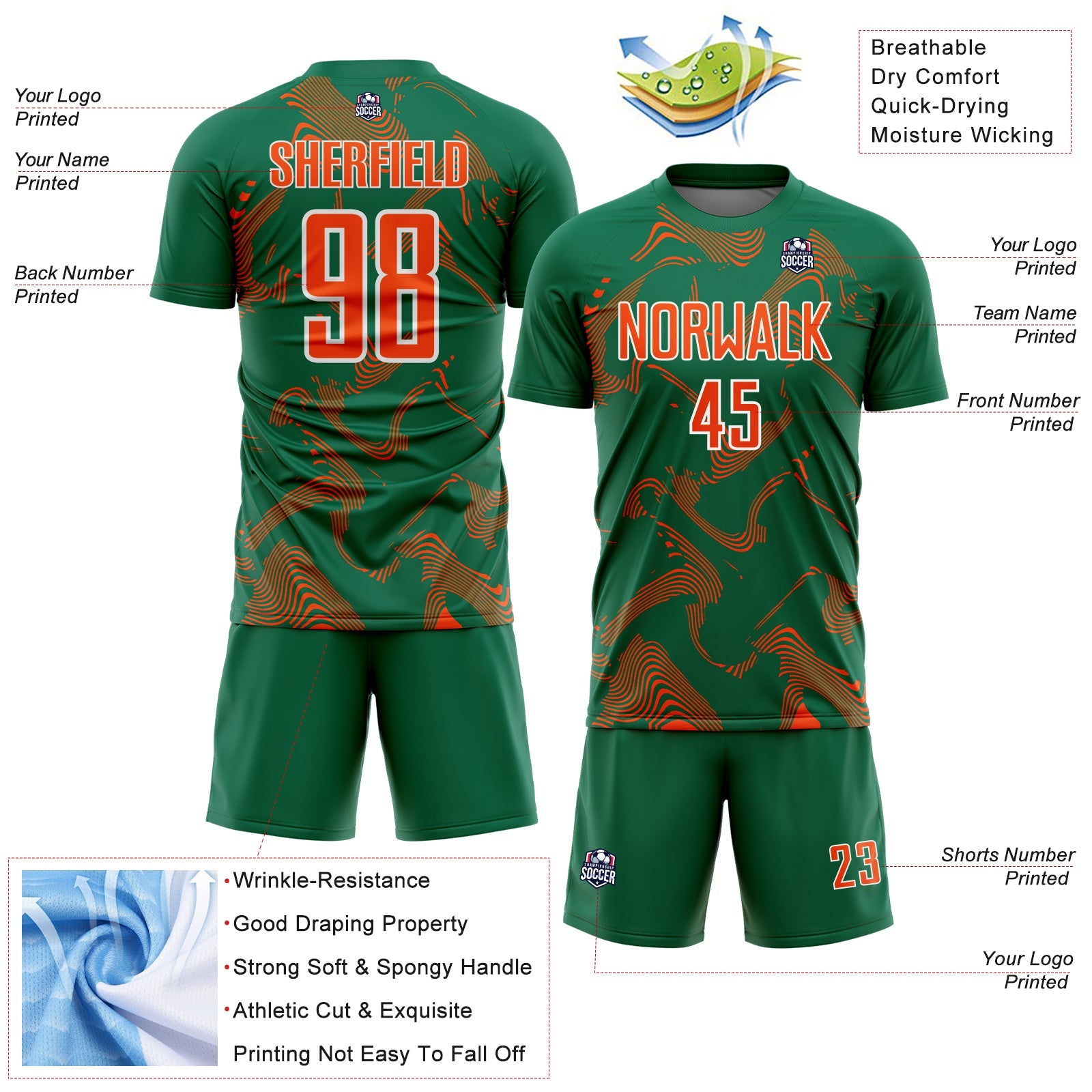 Custom Kelly Green Orange-White Curve Lines Sports Sublimation Soccer Uniform Jersey view 4