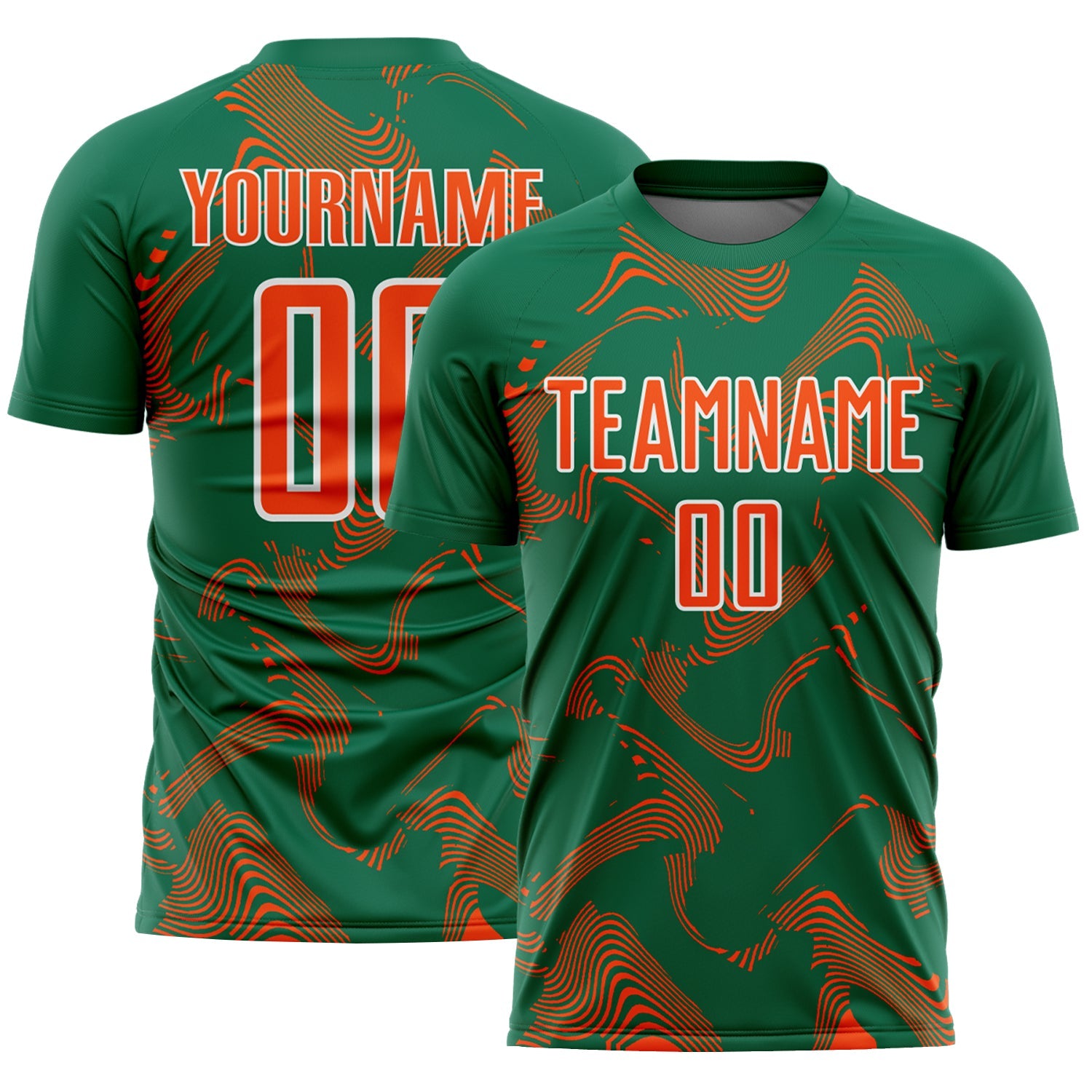 Custom Kelly Green Orange-White Curve Lines Sports Sublimation Soccer Uniform Jersey - Main View