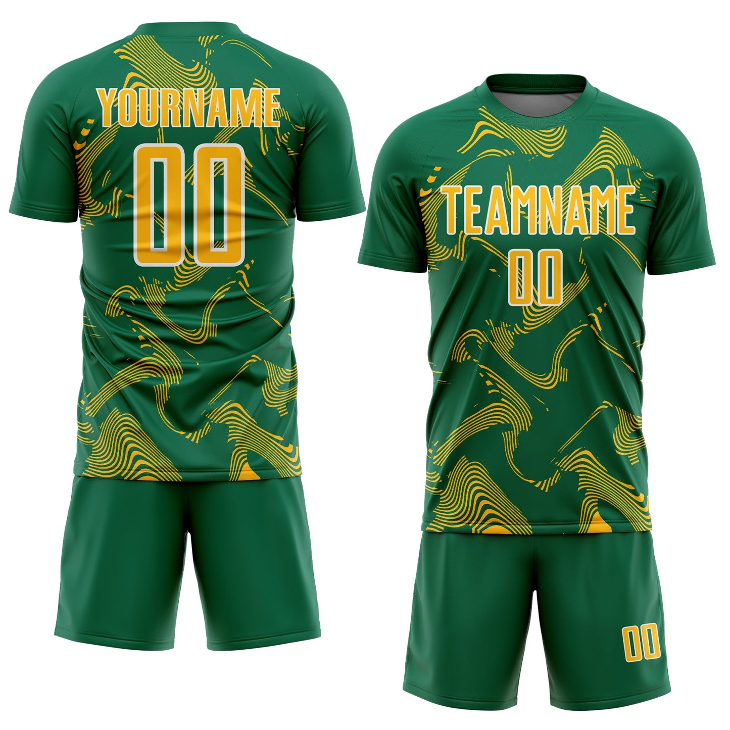 Custom Kelly Green Gold-White Curve Lines Sports Sublimation Soccer Uniform Jersey view 2