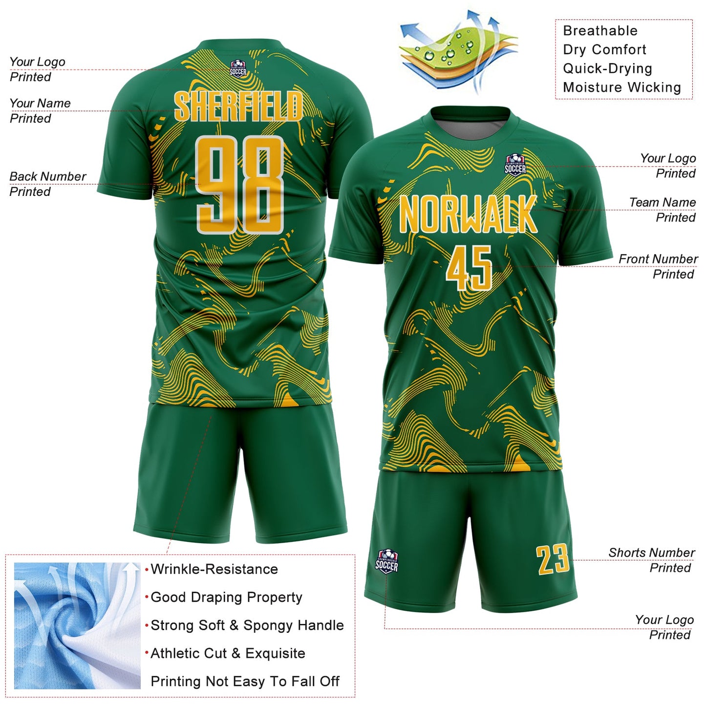 Custom Kelly Green Gold-White Curve Lines Sports Sublimation Soccer Uniform Jersey view 4