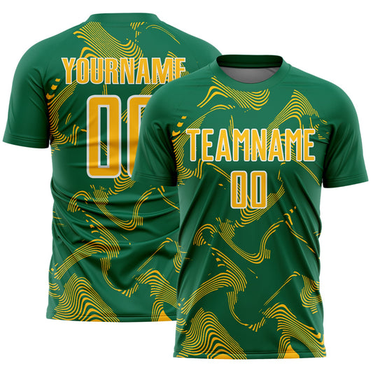 Custom Kelly Green Gold-White Curve Lines Sports Sublimation Soccer Uniform Jersey - Main View