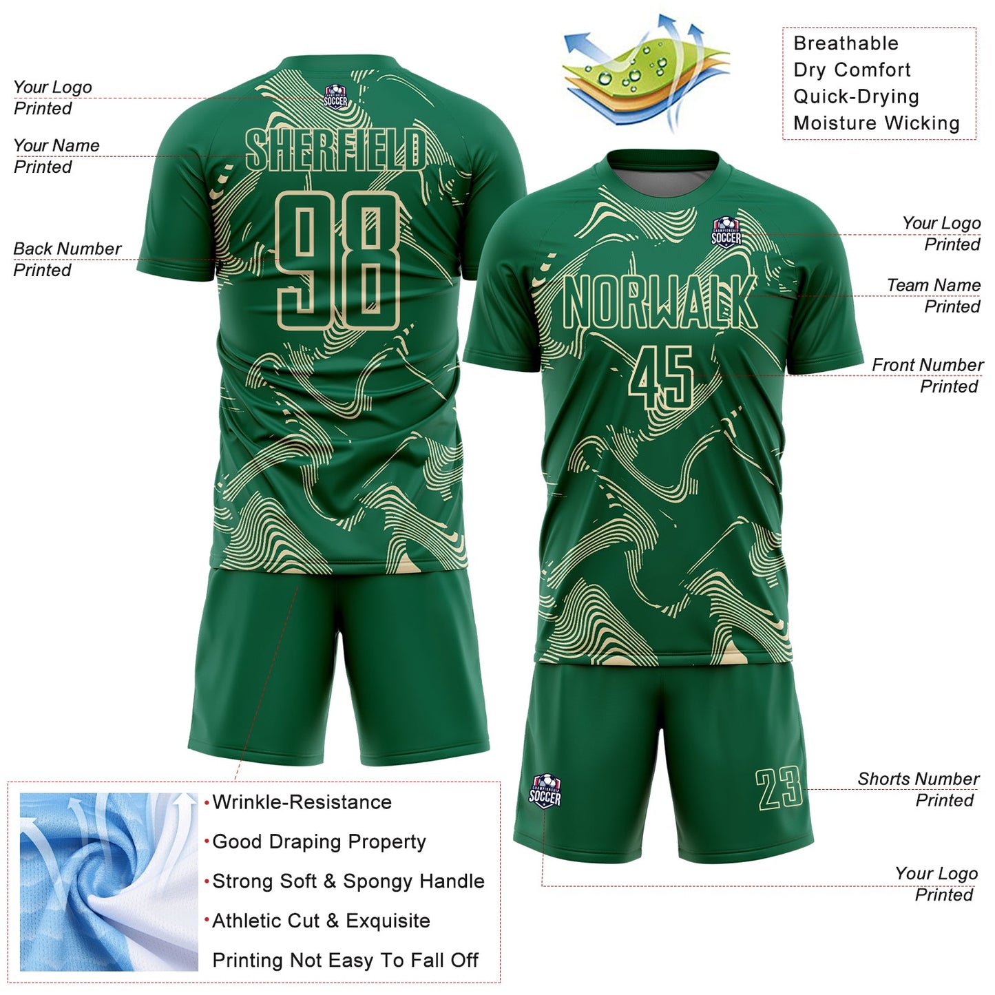 Custom Kelly Green Cream Curve Lines Sports Sublimation Soccer Uniform Jersey view 4