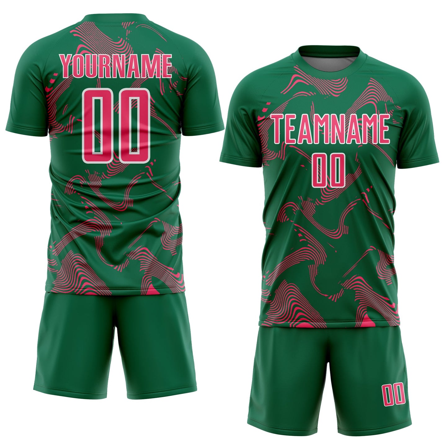 Custom Kelly Green Neon Pink-White Curve Lines Sports Sublimation Soccer Uniform Jersey view 2