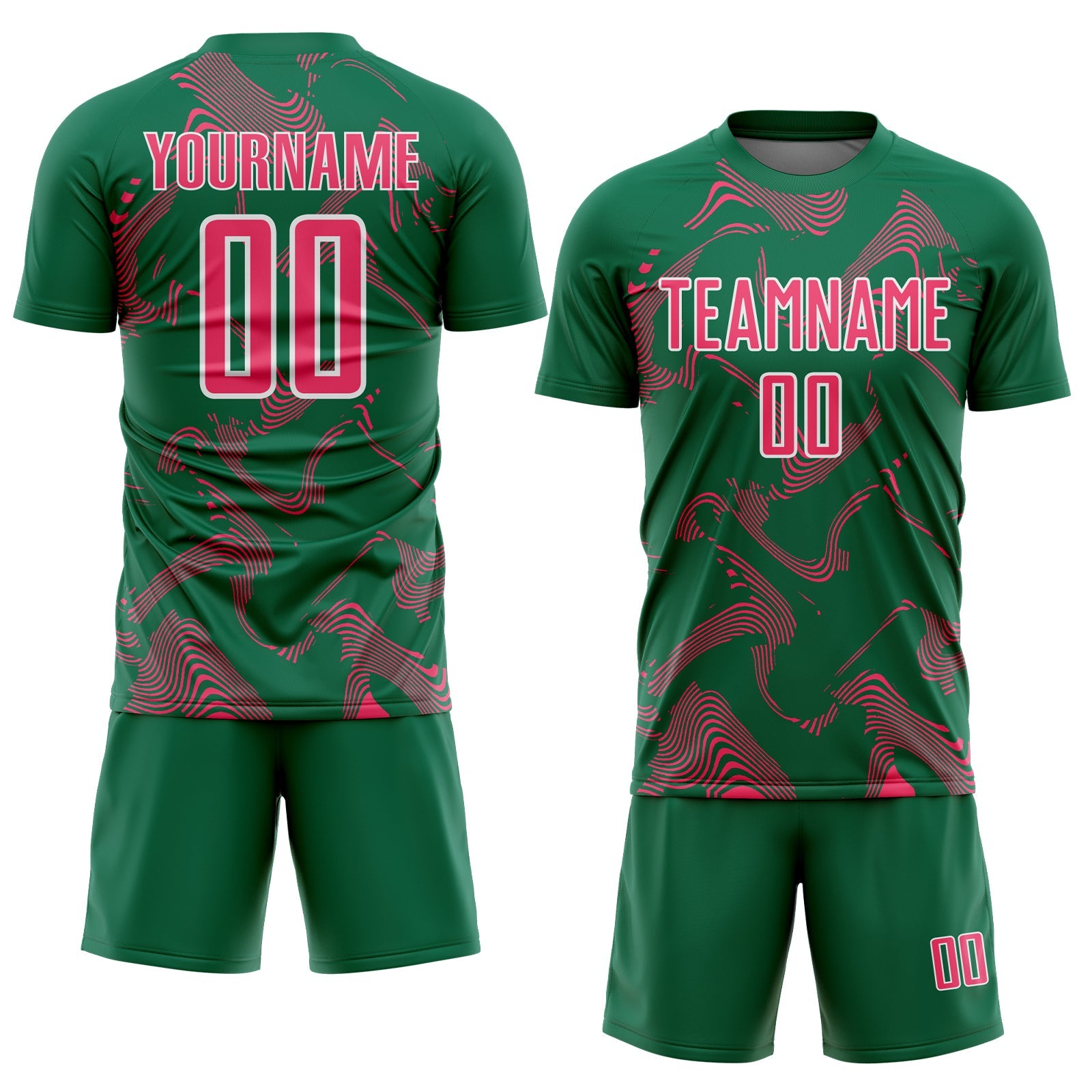 Custom Kelly Green Neon Pink-White Curve Lines Sports Sublimation Soccer Uniform Jersey view 2